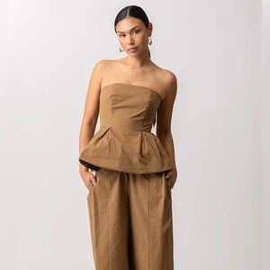 Line and Dot Tove Medium Khaki Strapless Corset Peplum Brown Mocha Top